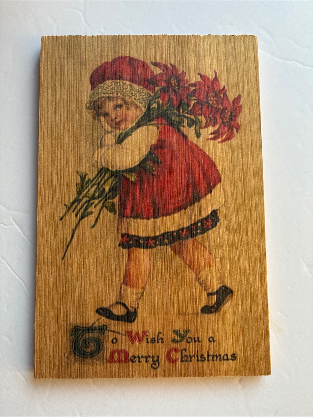 Vintage Style Gizaun Art Cedar Wood Christmas Postcard